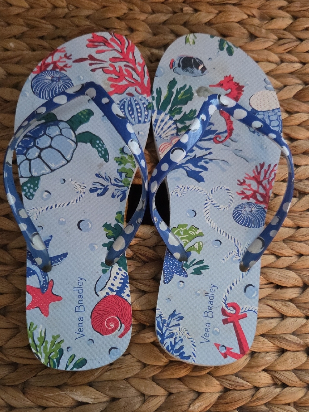 Vera Bradley Light Blue Ocean-Print Flip Flops with Navy Polka-Dot Straps